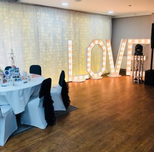 Weddings 3 function room with love sign